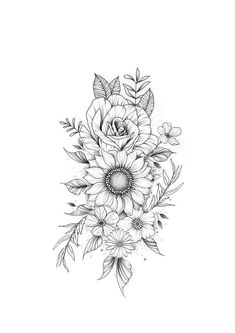 a black and white drawing of flowers with leaves on the bottom half of their petals