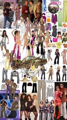 collage of people dressed in disco outfits