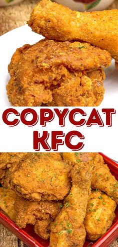 fried chicken is served in a red dish with the words copycat keg above it