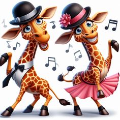 two giraffes wearing hats and dancing with musical notes