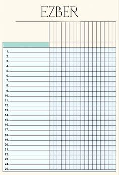 a printable ezber chart with numbers and times