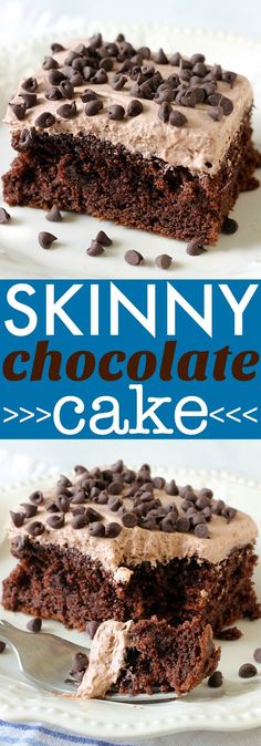 a chocolate cake on a plate with the words skinnyy chocolate cake in front of it