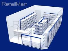 an image of a retail store model with shelves and racks on the front, blue background