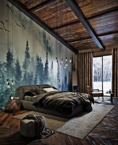 a bedroom with a large painting on the wall and wood flooring, along with a bed