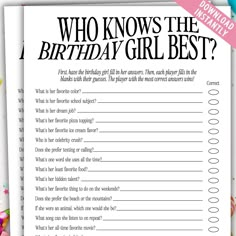 🎉 Ready to find out who knows the birthday girl the best? This fun, printable game is the perfect addition to any teen or tween birthday party! With lighthearted and creative questions, friends will laugh, guess, and share memories as they reveal how well they know the guest of honor. INCLUDED ------------------------------ - 1 Full Page Game - 1 Half Page Game WAYS TO ACCESS YOUR FILES ------------------------------ 1. After completing your purchase, a confirmation page will display. You can download your files directly from this page. 2. You will receive a confirmation email with links to download your files. 3. From the ETSY website (not the ETSY app) you can go up to your account in the top right and go to Purchases. Here you will find all of your purchases and downloads. 4. Feel free Activities For A Birthday Party, Indoor Birthday Party Activities, Birthday Activities Ideas, Birthday Activities For Adults, Birthday Party Activities For Teens, Questions Friends, Teen Birthday Games, Birthday Questions, Creative Questions