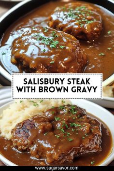 salisbury steak with brown gravy in a skillet