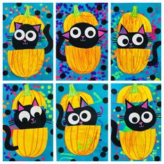 four pictures of black cats with pumpkins in their mouths and eyes on blue background