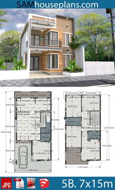 two story house plan with floor plans and measurements for each room in the same area