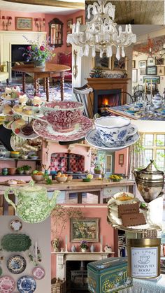 many plates and bowls are stacked on top of each other in a room with pink walls