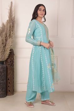 Aqua anarkali featuring all over block printed floral motifs highlighted with dori embroidery. Comes with palazzo and organza dupatta. - Aza Fashions Semi-stitched Churidar For Diwali Reception, Diwali Reception Salwar Kameez Straight Kurta, Bollywood Style Kurta With Cutdana For Reception, Semi-stitched Churidar For Reception And Diwali, Blue Sets With Sheer Dupatta For Diwali, Reception Salwar Kameez With Cutdana In Straight Kurta Style, Blue Churidar With Sheer Dupatta, Festive Blue Palazzo Set With Sheer Dupatta, Traditional Palazzo Set For Diwali Reception