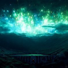 fireworks are lit up in the night sky above a mountain valley and river with water below