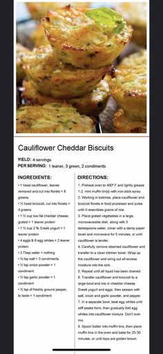 the recipe for cauliflower cheddar biscuits is shown in this brochure