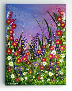 a painting of flowers and grass against a purple sky