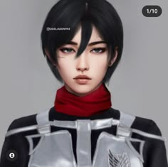 an anime character with black hair and silver armor, wearing a red neck scarf in front of a gray background