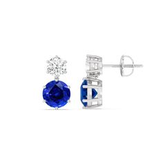 A wardrobe staple, these diamond earrings and their classic beauty will serve you well for years to come. Each earring features a pair of big sapphire and small round diamond, each set on a six-pong basket. With these earrings' refined sophistication, you can easily pair them with all kinds of outfits for all kinds of occasions. Sapphire Diamond-cut Earrings, Formal Sapphire Diamond Earrings With Prong Setting, Formal Brilliant Cut Lab-created Sapphire Earrings, Sapphire Earrings In Prong Setting, Diamond White, Classic Sapphire Diamond Earrings With Accents, Sapphire Diamond Round Cut Earrings, Classic Sapphire Earrings With Diamond Accents, Classic Sapphire Diamond Earrings For Wedding, Sapphire Diamond Earrings With Round Cut