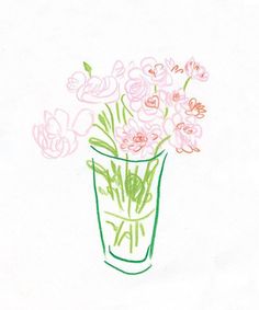 a drawing of flowers in a vase with the words happy day written on it's side