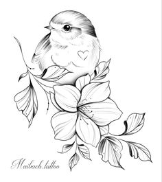 a black and white drawing of a bird on a branch with flowers in the background