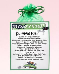 a road trip survival kit with instructions on the front and green bag attached to it