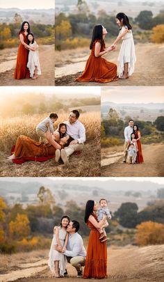 a collage of four photos showing the family's love for each other in an open field