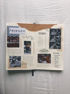 an open scrapbook with pictures and words on the pages that have been altered to look like friends