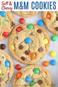 chocolate chip cookies with m & m candies on top