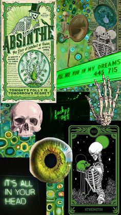 an assortment of green and black items with the words absinte on them, including a