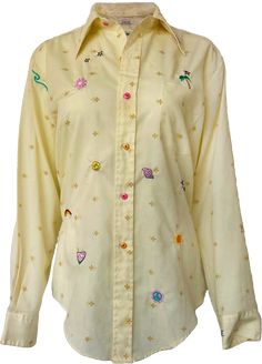 Yellow patterned button down. C.Bonz embroidered minis sprinkled all over. Fits Like: Women’s XLarge Multicolor Embroidered Button-up Top, Casual Button-up Top With Multicolor Embroidery, Cotton Tops With Multicolor Embroidery And Button Closure, Spring Embroidered Top With Button Closure, Spring Multicolor Embroidered Top With Button Closure, Multicolor Embroidered Top With Button Closure For Spring, Spring Embroidered Tops With Buttons, Spring Tops With Multicolor Embroidery And Buttons, Embroidered Multicolor Tops With Buttons For Spring