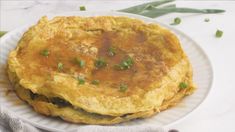 an omelet on a white plate with green onions and seasoning next to it