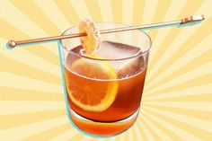 an illustration of a cocktail with orange slices and a straw garnish on the rim