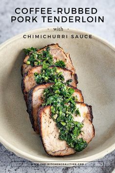 Coffee-Rubbed Pork Tenderloin with Chimichurri Sauce Coffee Rub Recipe, Xylitol Recipes, Pork Tenderloin Rub, Coffee Rub, Coffee Flavors, Caprese Pasta Salad, Caprese Pasta, Tenderloin Recipes, Chimichurri Sauce