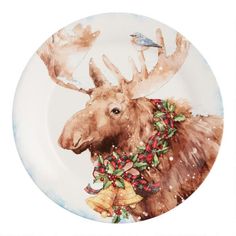 a plate with an image of a moose wearing a christmas wreath and bell around its neck