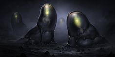 three strange looking objects floating in the water at night time, with glowing eyes on their faces