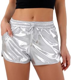 PRICES MAY VARY. [Lightweight and Stretchy Material]: Our metallic shorts are made up of stretchy fabric which is very lightweight, breathable, and quick dry. Without any restrain, you can wear this short all day. Suggest washing prior to first wear: hand washed with cold water, and do not to bleach. [Smocked and Adjustable Waistband]: Inspired by the traditional dolphin hem shorts, our metallic short for woman is equipped with an elastic waist and adjustable drawstring in the front, offering a Shiny Shorts, Rave Shorts, Disco Costume, Womens Cosplay, Plus Size Yoga, Metallic Shorts, Shiny Pants, Dolphin Shorts, Shorts For Women