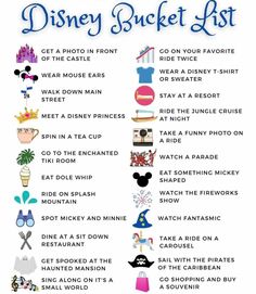 the disney bucket list is shown in blue and white