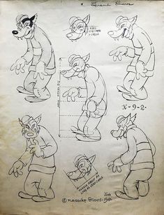 an old paper with drawings of cartoon characters