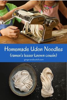 homemade udon noodles are being made with the help of an electric hand mixer and two children in the background