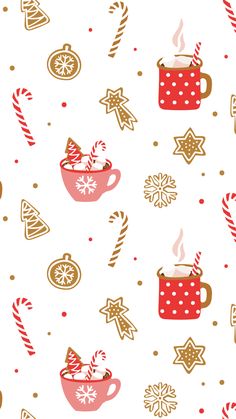 seamless christmas pattern with hot chocolate and candy canes in mugs on white background