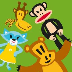 four cartoon animals are standing together in the grass and one is wearing a monkey costume