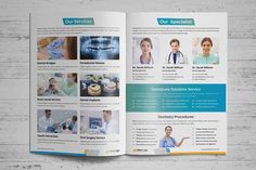 an open medical brochure is shown on a white table with blue and yellow accents