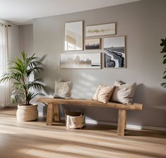 a wooden bench sitting next to a window in a living room