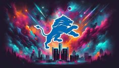 the detroit lions logo is shown in front of a cityscape with colorful clouds