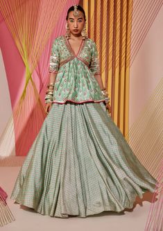 Gopi Vaid-Green Mint Peplum And Victorian Skirt-INDIASPOPUP.COM Peplum Top Lehenga, Peplum And Skirt, Peplum Lehenga, Gopi Vaid, Victorian Skirt, Long Blouse Designs, Bandhani Print, Mehendi Outfits, Zardozi Embroidery