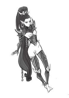 a black and white drawing of a woman with long hair, wearing tights and boots