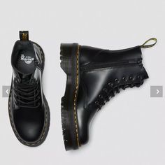 When The Jadon Boot Stormed Off The Production Line In 2013, We Knew We’d Made Something Special. Over 60 Years Of Our Unmistakable Dna, Elevated On An Emboldening Platform Sole. An 8-Eye Silhouette, Built From Dm’s Classic Polished Smooth Leather And Stacked On A Pvc Outsole. The Jadon Boot Retains Our Original Details: Secured With Yellow Welt Stitching And Tagged With An Airwair Heel Loop. A Fearless Evolution Of Our 8-Eye Boot Elevating The Silhouette To Unmissable New Heights. Stand Taller. Feel Bolder Polished Smooth Is The Original Dr. Martens Leather: Super Durable, With A Smooth Finish Polished To A High Shine The Original Dm’s Platform. Standing At 2 Inch With A Chunky C Dr Martens Jadon Boots, Doc Martens Women, Jadon Boots, Dr Martens Jadon, Yellow Lace, Black Boots Women, Moto Boots, Black Laces, Dr. Martens