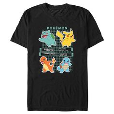 Gotta catch 'em all! Get into the game with the iconic world of Pokemon cards, video games, TV shows, and more with adorable new officially licensed apparel for the whole family featuring all your favorite Pokemon! This Men's Pokemon Starters Grid Pokedex Graphic T-Shirt features Bulbasaur, Pikachu, Charmander, and Squirtle on a grid with their names and types across the front. Grab some new Pokemon apparel today and be the envy of all your friends! Graphic Print T-shirt For Gaming Events, Graphic Print Short Sleeve Tops For Gaming Events, Charmander And Squirtle, Pokemon T, Pokemon Starters, Pokemon Clothes, New Pokemon, Style Hoodie, Pokemon Cards