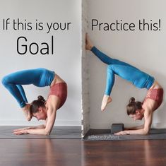 a woman doing a handstand on a yoga mat with the words if this is your goal