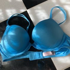 New Without Tags Vs Blue Sexy Bra With Cute Double Spaghetti Straps That Look Ok To Show Blue Push-up Bra With Removable Pads, Blue Push-up Bra With Adjustable Straps, Summer Push-up Bra In Blue, Blue Seamless Push-up Bra, Blue Push-up Bra With Padded Cups, Light Blue Push-up Bra, Push Up Bra, Women's Intimates, Push Up