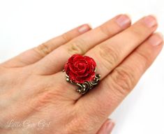 "Beauty and the Beast Rose Ring - Enchanted Red Rose Ring - Vintage Filigree Valentine Ring in Bronze or Silver - Fairy Tale Jewelry Inspired by the Enchanted Rose in Beauty and the Beast, this ring is exquisite and Oh-so-Sparkly! It is a perfect match to our Enchanted Rose Necklace which can be found here: https://www.etsy.com/listing/265967346/beauty-and-the-beast-necklace-enchanted?ga_search_query=rose%2Bnecklace&ref=shop_items_search_31 The size of the rose is approximately 18mm (which i Vintage Red Flower Ring For Wedding, Red Rose Jewelry For Wedding, Red Rose Jewelry For Anniversary, Red Flower Jewelry With Rose Design, Red Flower-shaped Jewelry With Rose Design, Red Rose Design Jewelry For Wedding, Red Rose Design Wedding Jewelry, Red Rose Ring, Beauty And The Beast Rose