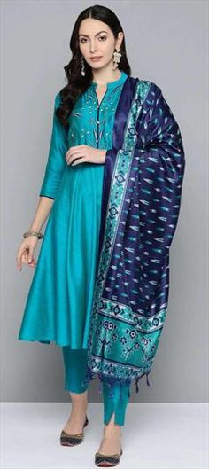 Blue color Salwar Kameez in Blended fabric with Embroidered work Blue Chanderi Salwar Kameez With Self Design, Blue Semi-stitched Churidar With Resham Embroidery, Blue Art Silk Churidar With Self Design, Blue Churidar With Self Design In Traditional Drape, Blue Chanderi Churidar With Self Design, Blue Traditional Churidar For Diwali, Blue Traditional Drape Churidar For Diwali, Designer Blue Art Silk Dress, Blue Diwali Churidar With Traditional Drape