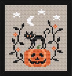 a cross stitch halloween scene with a black cat and pumpkin